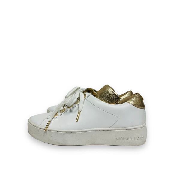 MICHAEL KORS White Gold Leather Irving Floral Accent Logo Lace Up Sneakers 6.5 - Picture 5 of 7